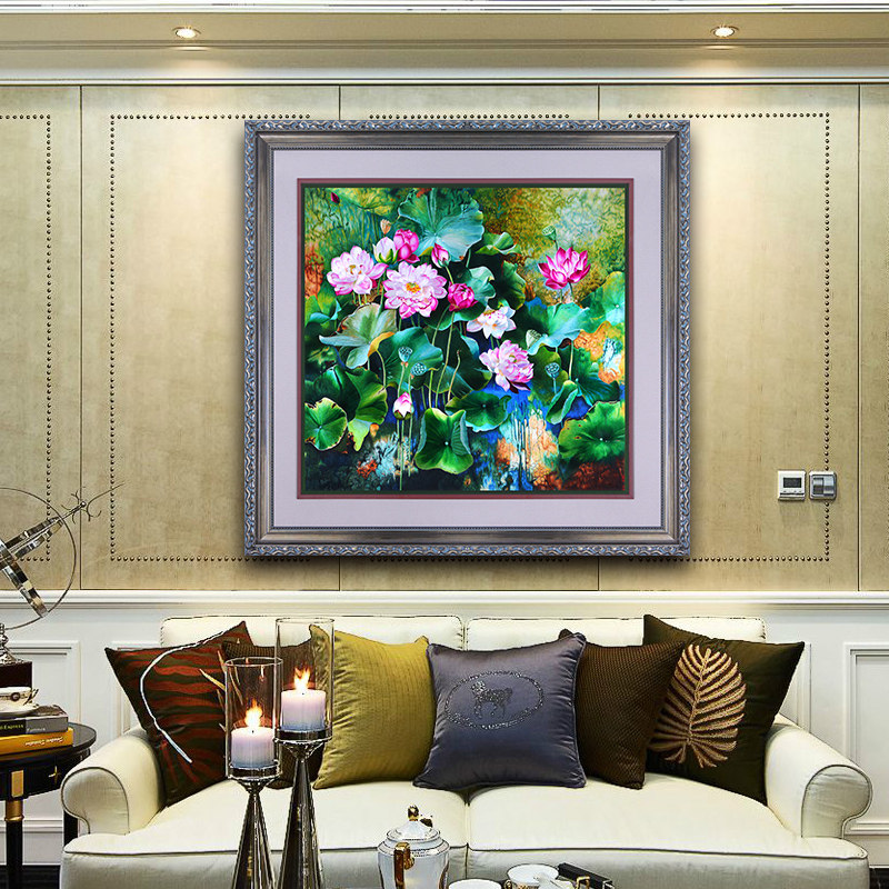 客厅装饰画沙发背景油花挂画装饰欧式玄关壁画手工刺绣苏绣荷花