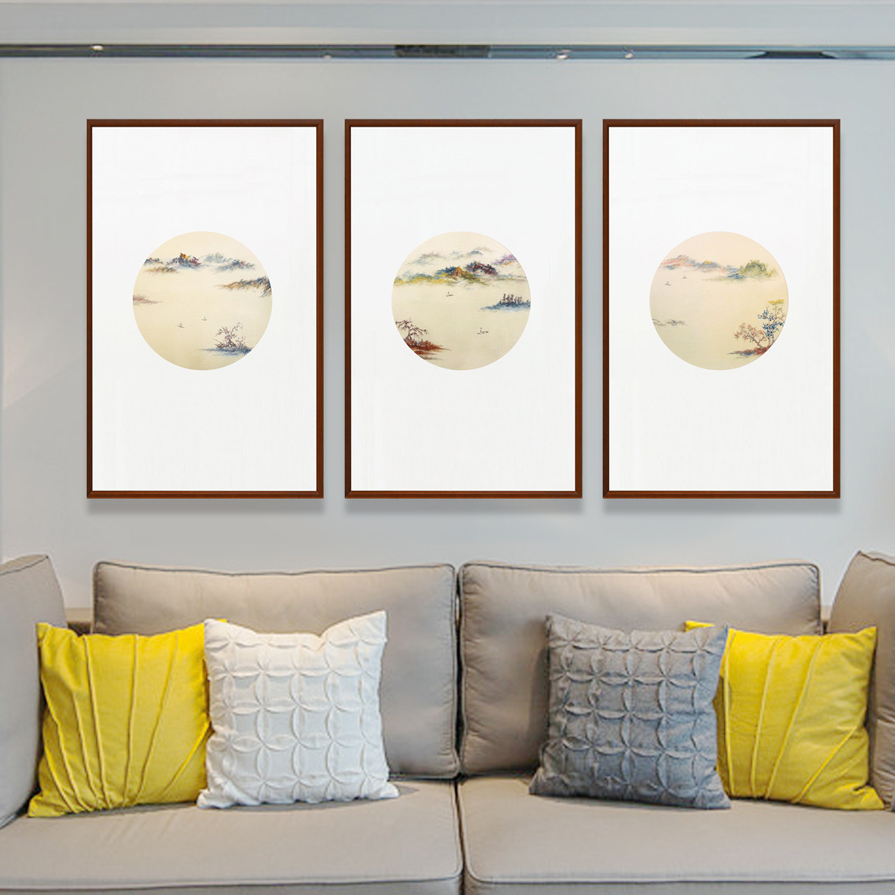 玄关装饰画走廊竖版过道现代简约新中式山水挂画书房壁画墙画三联