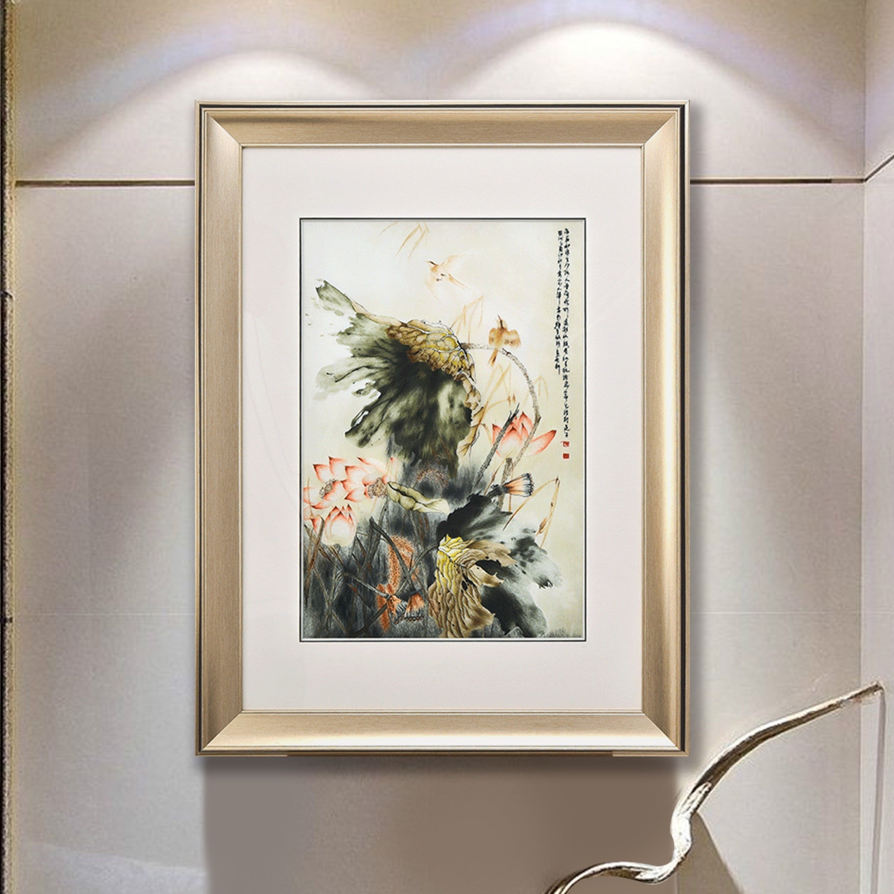 玄关装饰画过道走廊竖版禅意挂画中式荷花壁画墙画装饰客厅餐厅