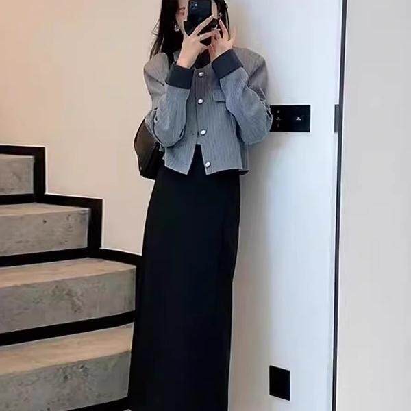 欧洲站秋冬穿搭一整套冷淡系女装盐系名媛桔梗西装半身裙职业套装