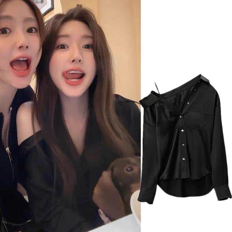 赵露思同款黑色露肩衬衫女夏秋季高级垂感衬衣不规则吊带缎面上衣