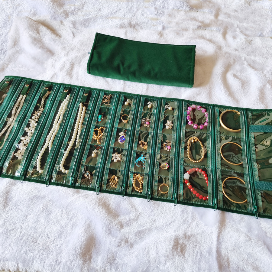 珠宝首饰收纳包丝绒卷包透明格子袋项链手镯戒指耳环旅行装加长款