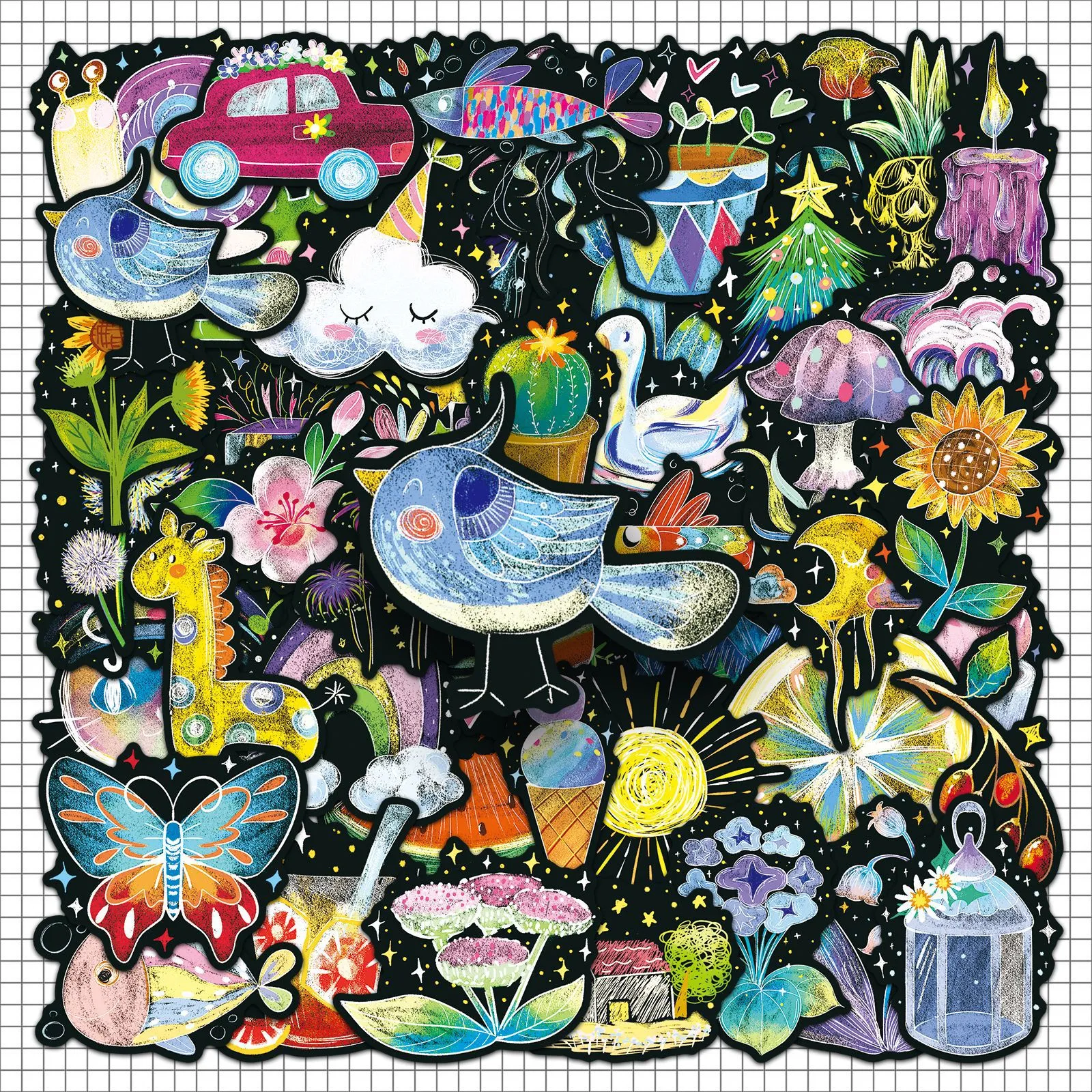 50张儿童粉笔画贴纸跨境彩色涂鸦卡通原创手绘防水装饰保温杯贴纸
