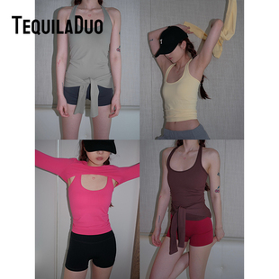 TD早秋运动背心健身防震防下垂吊带纯色工字带胸垫长袖披肩套装