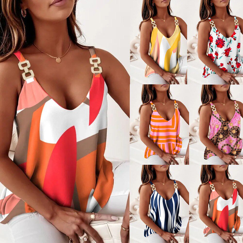 2022亚马逊爆款欧美风夏季外穿链条吊带印花女士宽松低领背心上衣