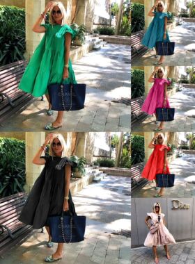 2020亚马逊wish欧美爆款女装纯色短袖中长款宽松大摆蛋糕连衣裙夏