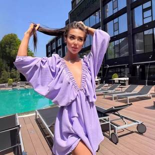 neck 法式 高腰气质连衣裙女Casual dress 复古设计V领纯色灯笼袖