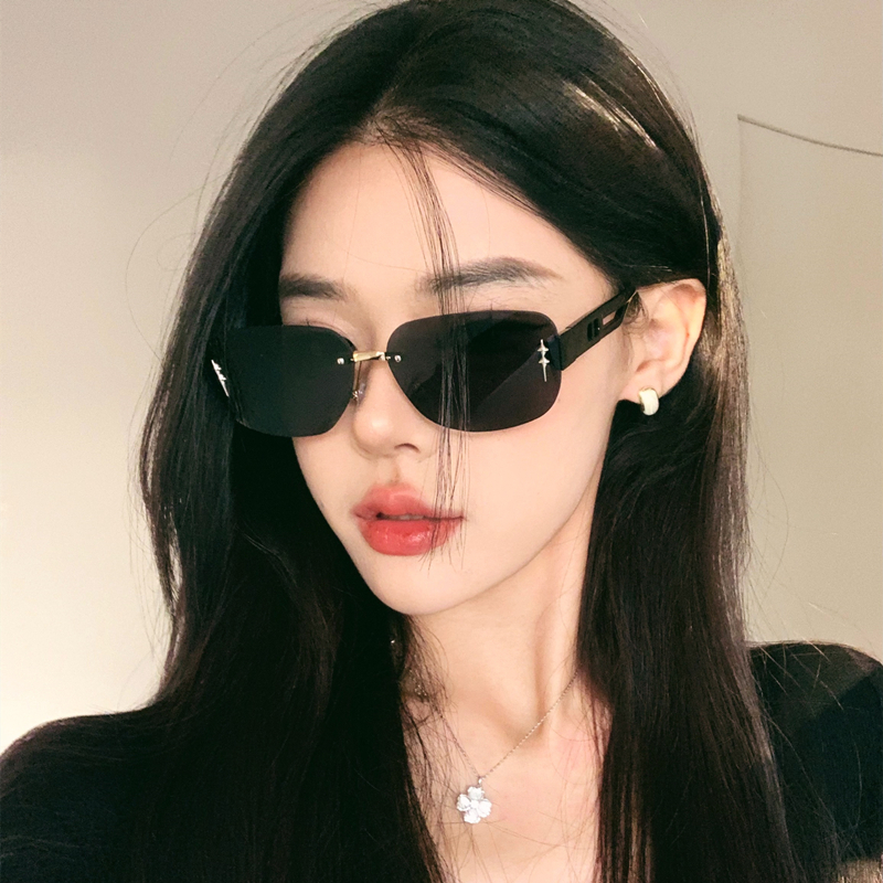 欧美风方框无框太阳眼镜女防紫外线偏光凹造型高级感墨镜大脸显瘦