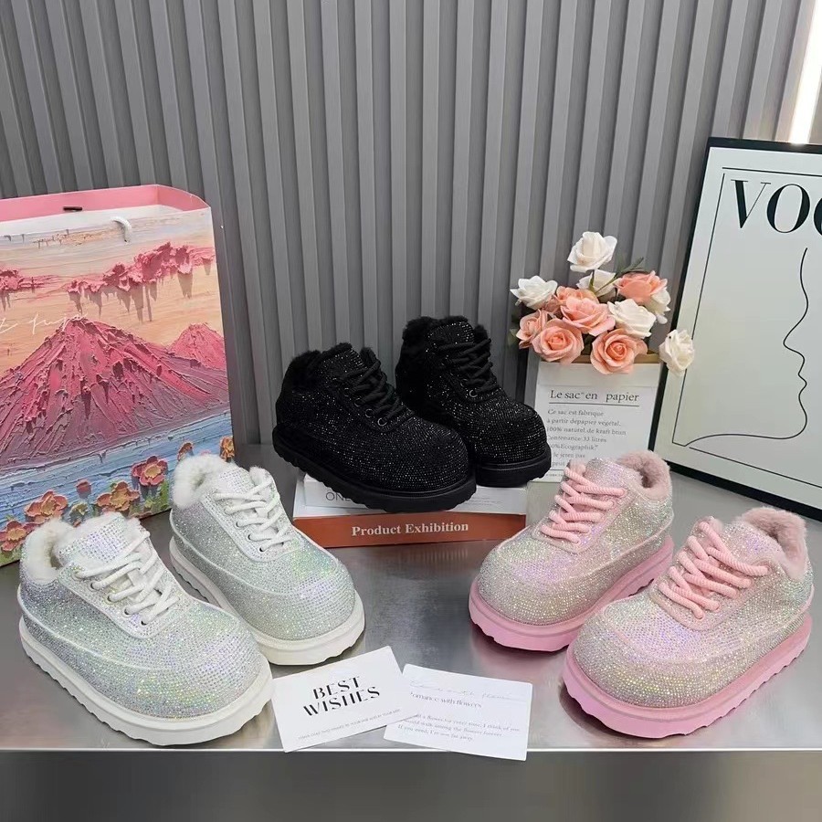满钻水钻2025秋冬新款短靴亮面女款系带棉靴圆头棉鞋厚底加绒加厚