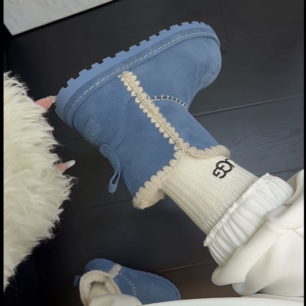 2025新款厚底雪地靴女冬季加绒保暖棉鞋皮毛一体短筒面包鞋