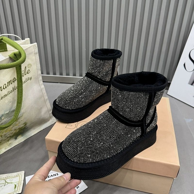 2025新款网红满天星水钻雪地靴女冬厚底棉靴短筒加绒加厚保暖棉鞋