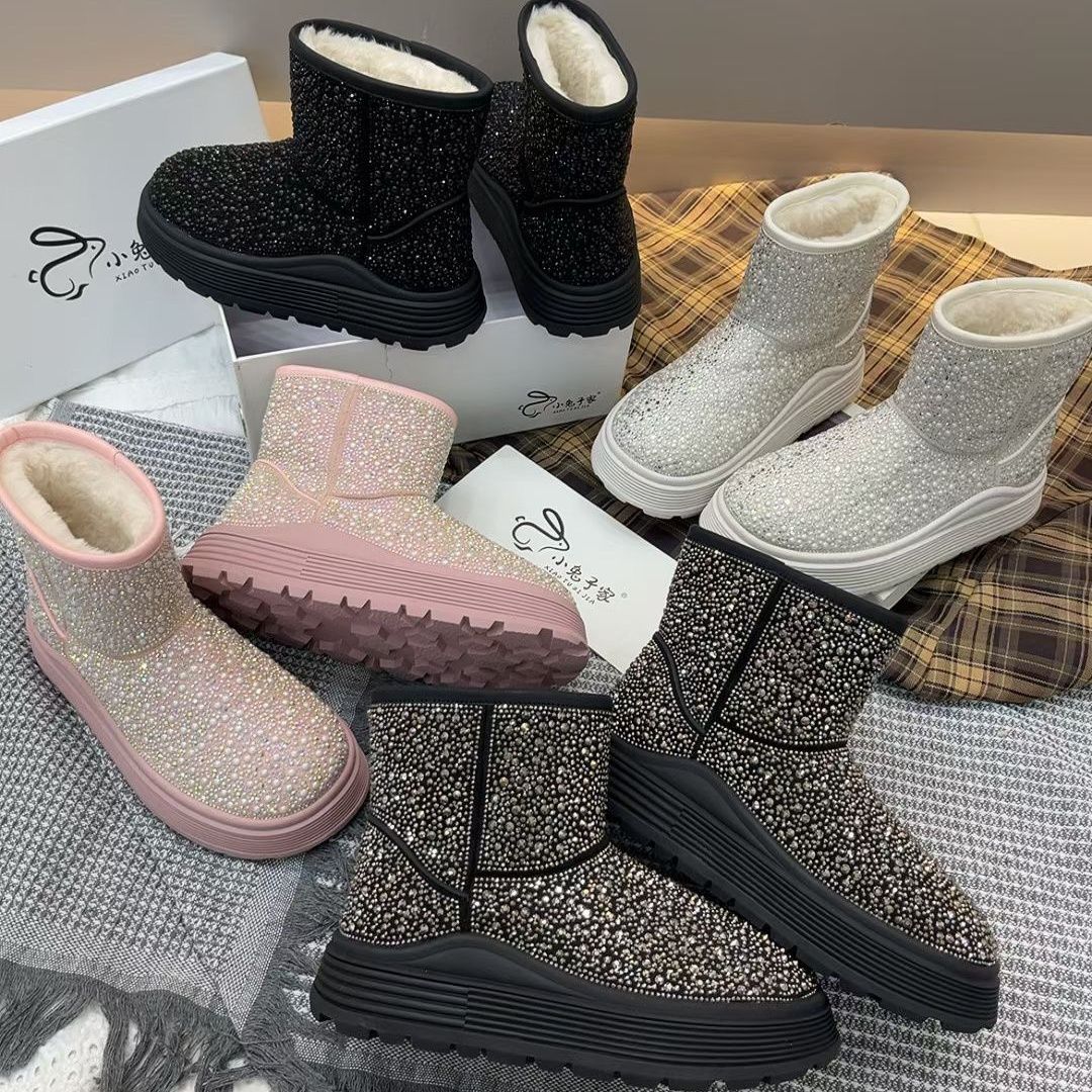2025新款网红满天星水钻雪地靴女冬厚底棉靴短筒加绒加厚保暖棉鞋