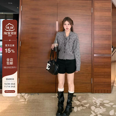 宅宅athome//告别圆舞曲 miu系波点针织开衫蝴蝶结显瘦毛衣上衣