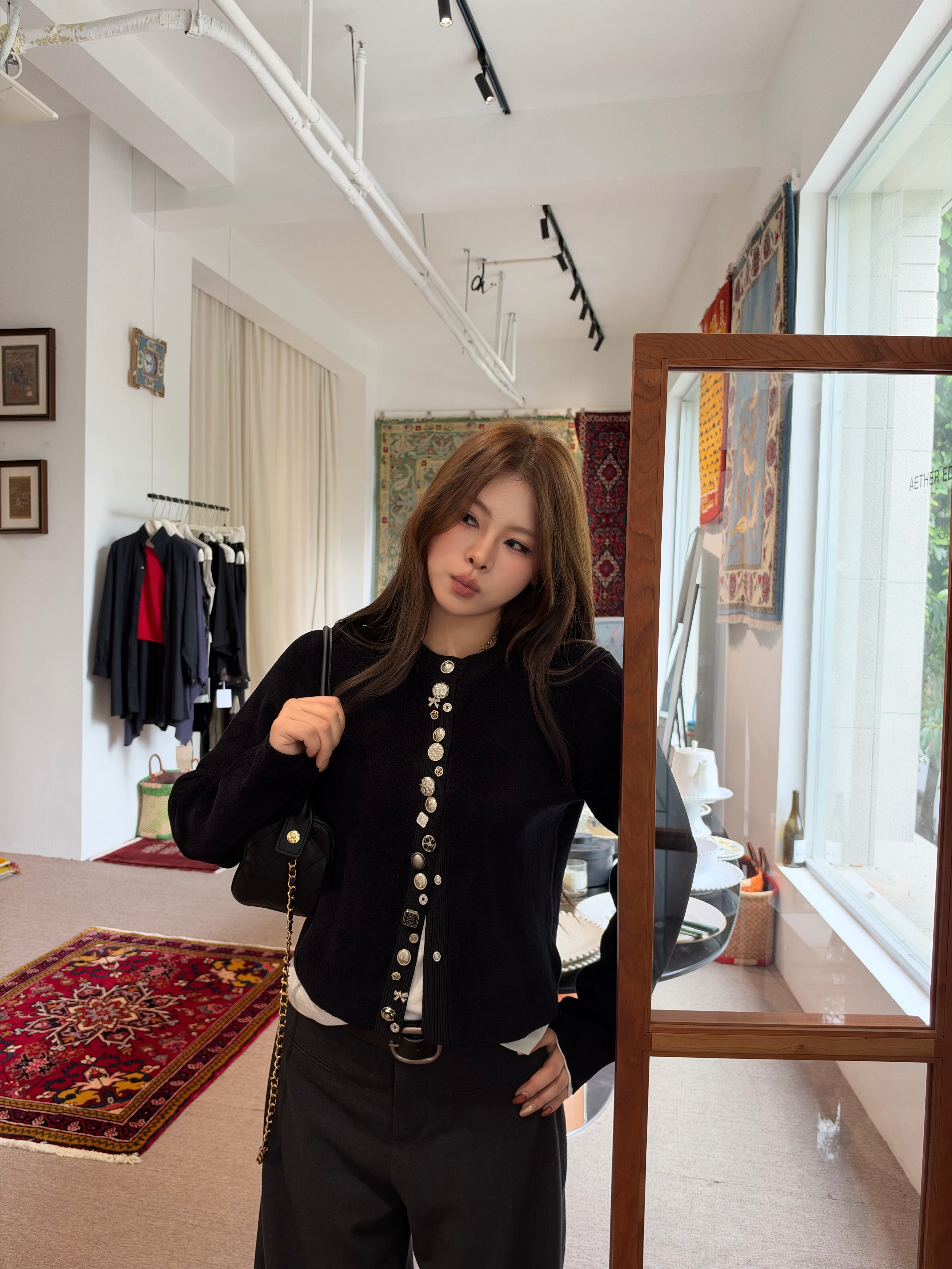 半饱小宅 财阀千金 微胖mm女装重工金属扣毛绒感针织开衫大码上衣