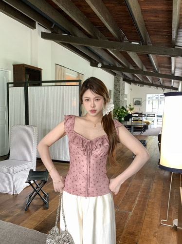 宅宅Athome//瑰丽情书 法式波点印花荷叶边小衫V领抽绳显瘦小上衣
