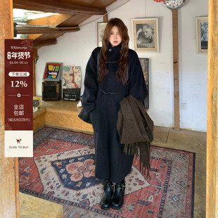 宅宅athome//巴黎左岸 廓形羊毛牛角扣双面呢大衣立领中长款外套