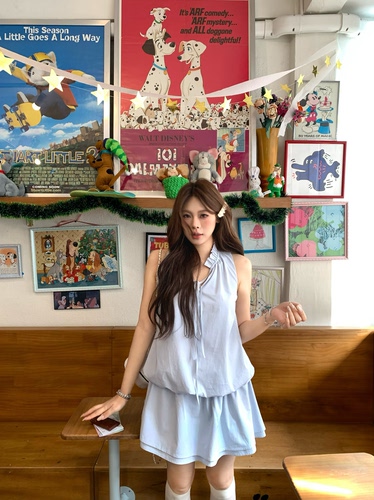 宅宅Athome//海洋诗旅 莱赛尔棉系带花苞水母裙无袖显瘦连衣裙