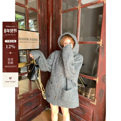 宅宅athome//曼彻斯特 灰色50羊毛连帽呢大衣中长款宽松慵懒外套