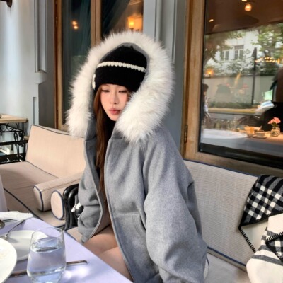 宅宅athome//北岛日记 连帽毛领羊毛外套拉链加厚保暖卫衣开衫