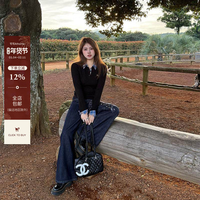 大码POLO领假两件格纹拼接打底衫