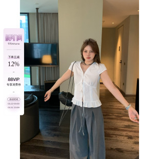 衬衫 V领蕾丝花边系带短袖 减龄显瘦收腰上衣 恋恋笔记 宅宅athome