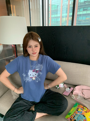 宅宅athome//破碎kk 美式正肩卡通印花T恤短款宽松圆领显瘦短袖