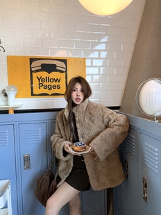 宅宅athome//榛果奶糕 定染皮毛一体立领环保皮草中长款毛毛外套