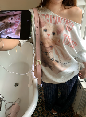 宅宅Athome//公主喵 斜肩猫咪印花短袖T恤宽松显瘦休闲夏季上衣