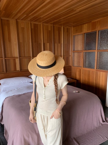 宅宅Athome//云舒风浅 羊毛针织v领短袖半开领显瘦气质纯色T恤