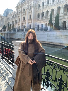 宅宅athome//流浪巴黎 棕色双面呢长款大衣高级气质宽松毛呢外套