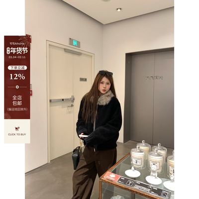 宅宅athome//中古奈奈 加厚毛领羊羔毛短款外套麂皮内里毛毛上衣