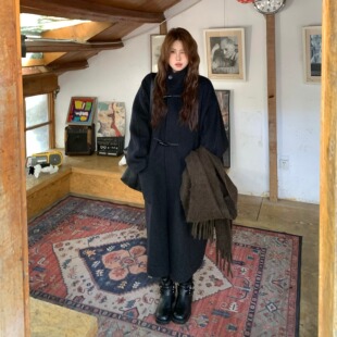 宅宅athome//巴黎左岸 廓形羊毛牛角扣双面呢大衣立领中长款外套