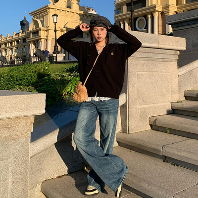 拖地通搭宽松全场复古蓝色长裤
