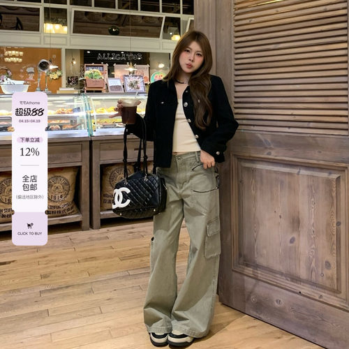 宅宅athome//加州之旅 做旧重工多口袋工装裤高腰直筒阔腿休闲裤