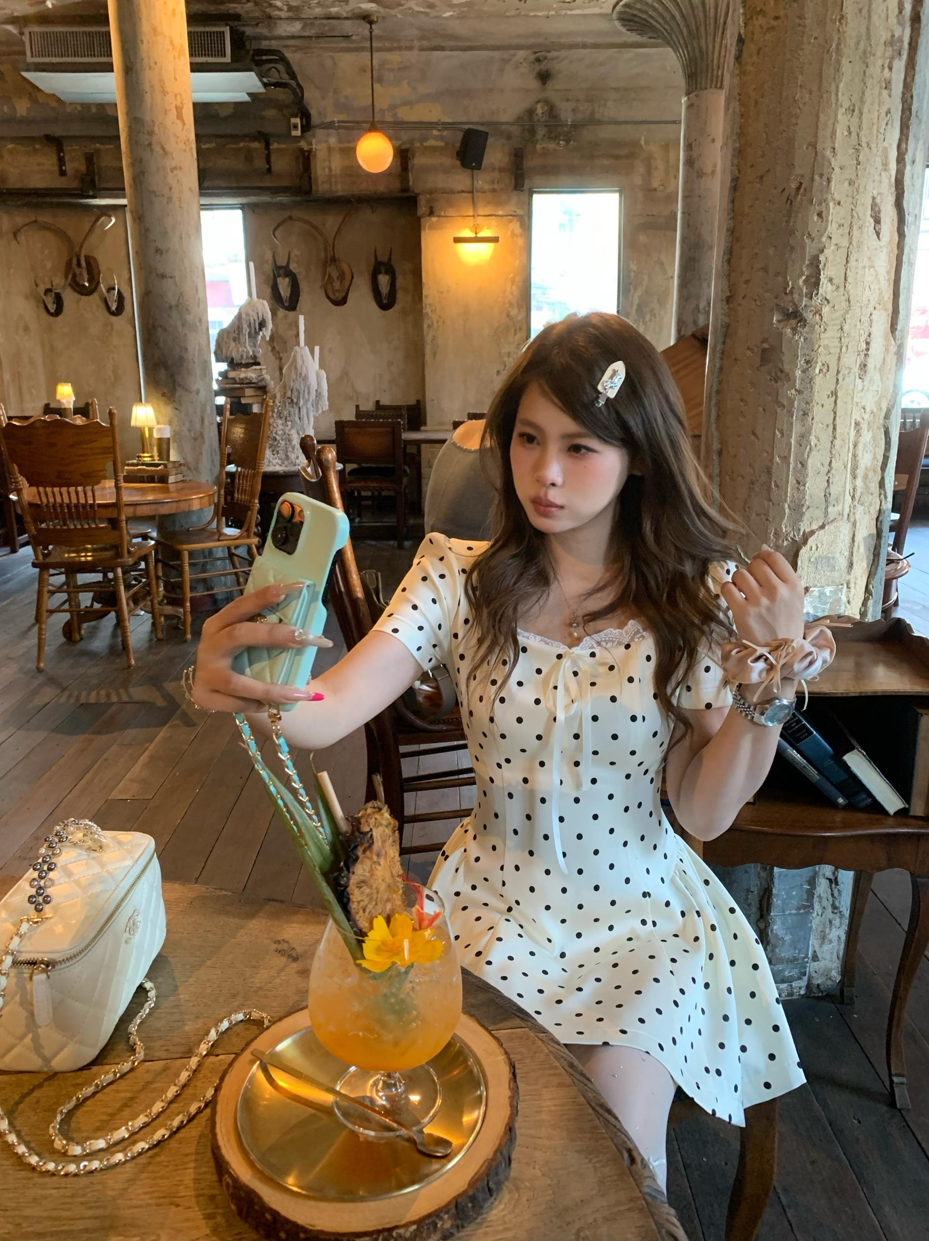 宅宅athome//娇贵千金 法式方领短袖波点连衣裙收腰显瘦a字短裙