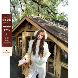 宅宅athome//北欧雪国 90白鸭绒针织插肩袖拼接短款羽绒服外套