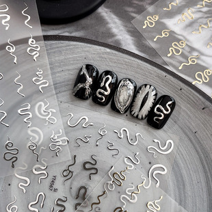 烫金银蛇美甲贴纸精致不规则线条小蛇带背胶指甲装 饰贴