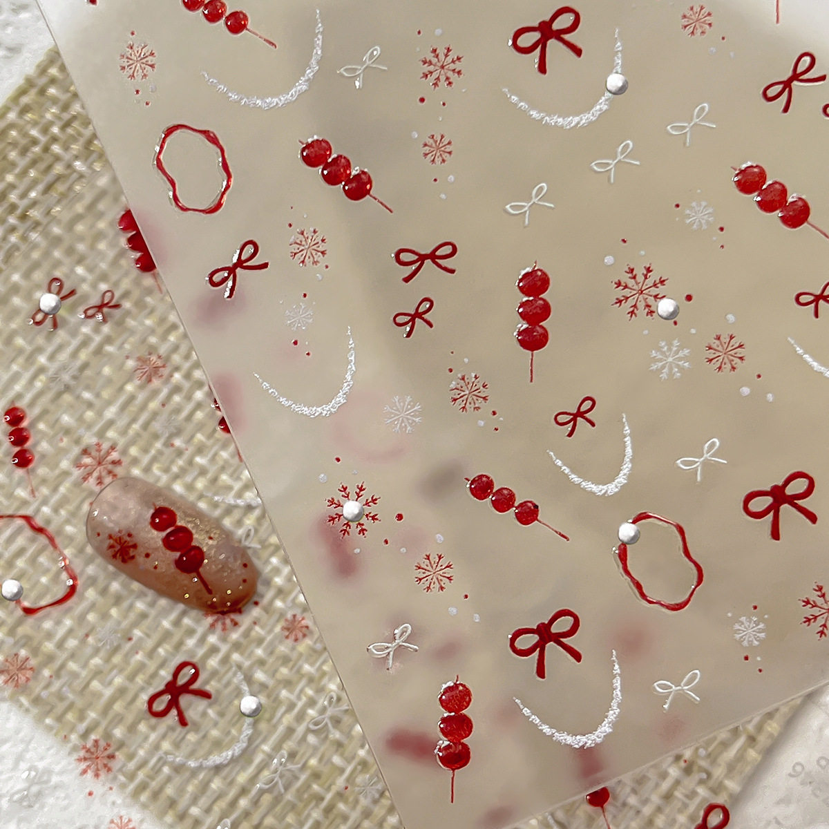 糖葫芦法式雪花美甲贴纸蝴蝶结可爱新年显白diy镜头手机相机贴纸,彩妆/香水/美妆工具,指甲装饰,淘宝优惠券,粉丝福利购,淘宝优惠卷