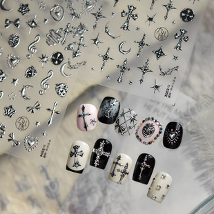 哥特风格百搭新款十字架辣妹个性款金属银色美甲贴纸背胶指甲贴纸