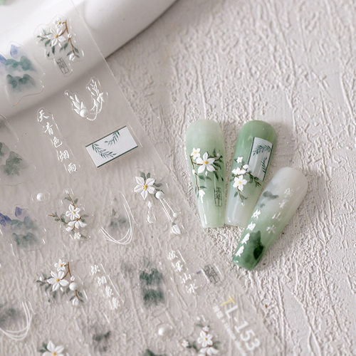 美甲贴纸花朵玲珑点钻系古风浮雕