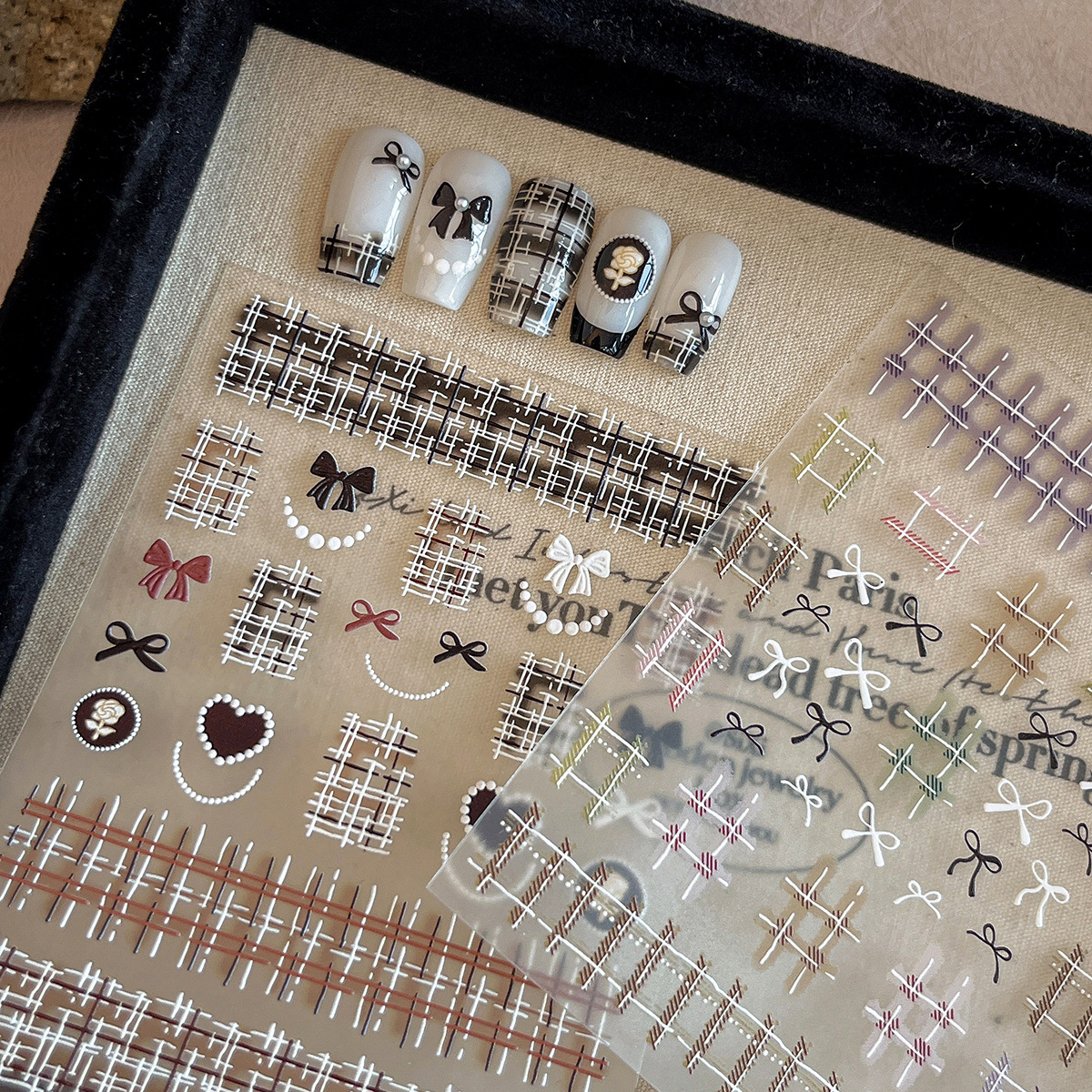 美甲贴纸经典毛呢格子蝴蝶结