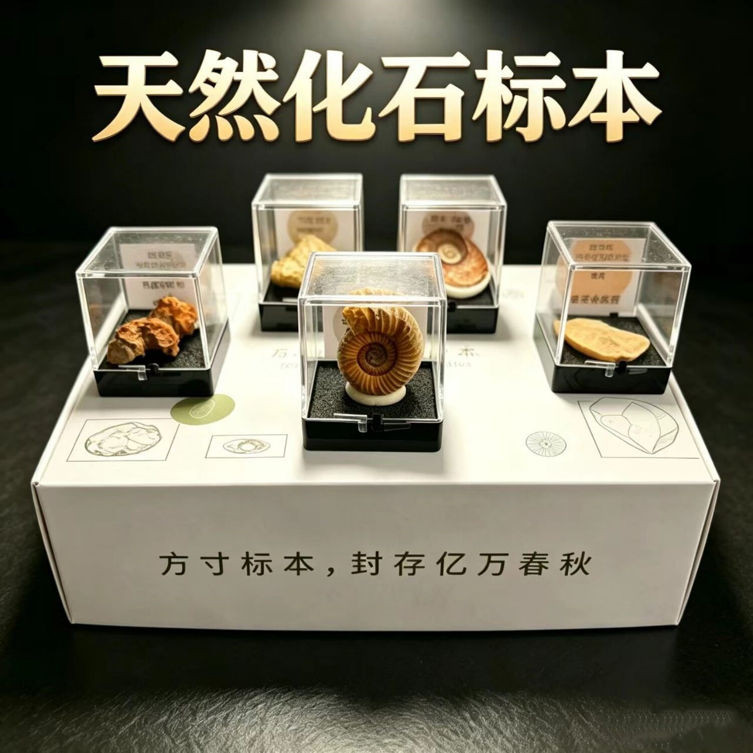 天然古生物原化石地质标本盒菊石鲨鱼牙三叶虫狼鳍鱼科普礼物摆件