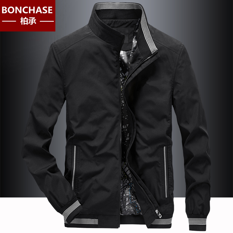 秋季休闲外套男士宽松大码春秋户外运动上衣服男中年立领工装夹克