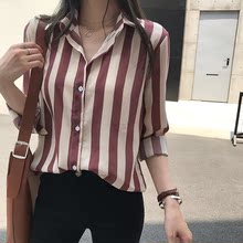 条纹雪纺衬衫 女士宽松长袖 复古港味上衣潮 潮牌衬衣女2019新款 秋季