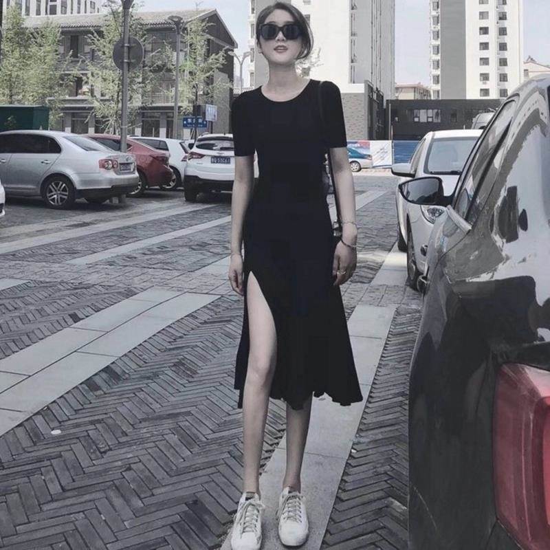 欧洲站2025夏季新款法式修身赫本小黑裙女显瘦性感开叉鱼尾连衣裙