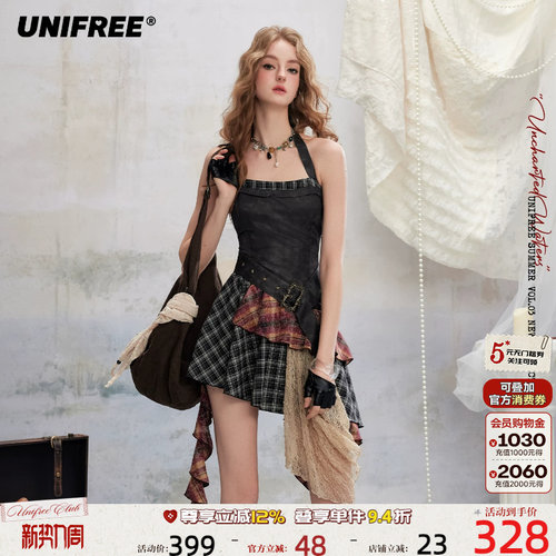UNIFREE晕染格纹拼接挂脖连衣裙