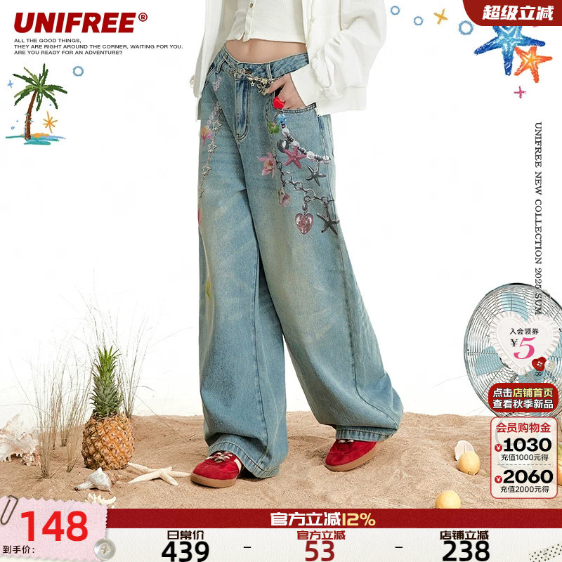 UNIFREE蓝色3D链条印花牛仔裤图片