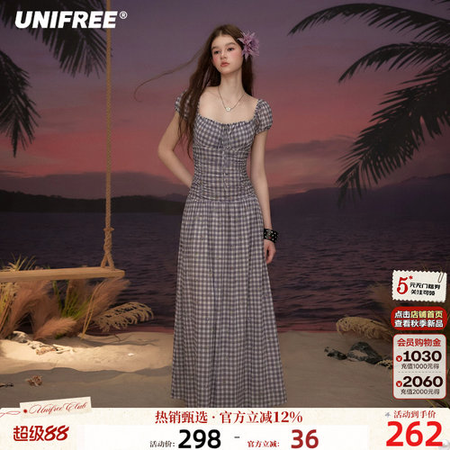 UNIFREE紫色复古格子短袖连衣裙