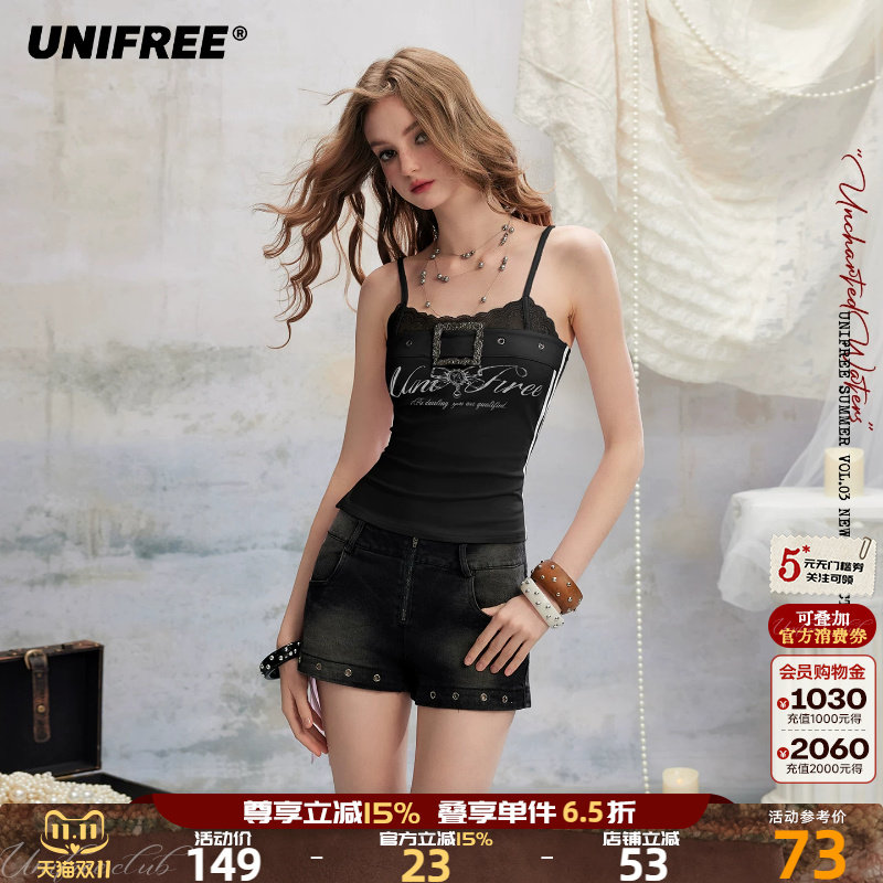 UNIFREE蕾丝拼接吊带背心女士夏季新款修身显瘦辣妹绑带外穿上衣