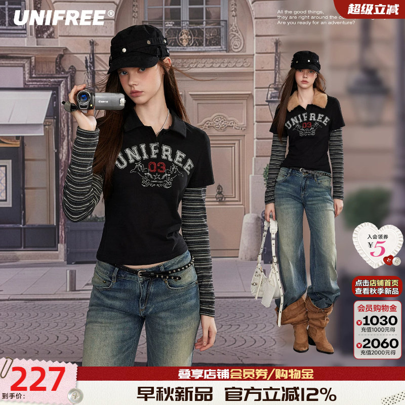 UNIFREE美式复古假两件长袖T恤图片